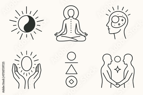 Mindfulness and Inner Balance Line Icons Set — Harmony, Meditation and Spiritual Energy