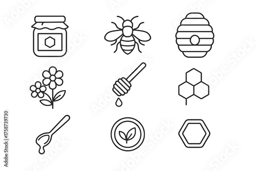 Beekeeping and Honey Line Icons Set — Bee, Hive and Organic Product Symbols