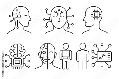 Artificial Intelligence and Human Mind Line Icons Set — Technology, Cyborg and Neural Connection Symbols
