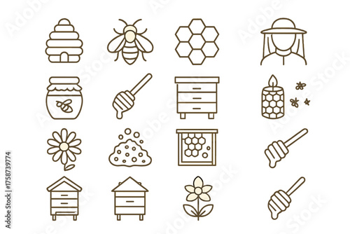 Beekeeping and Honey Production Icons — Line Art Vector Set