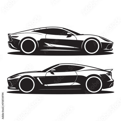 Side Views of Two Sports Cars in Black and White Illustration