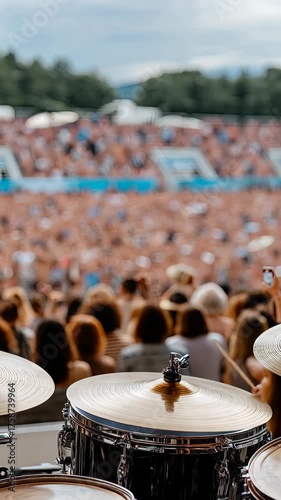 Excitement builds at a crowded outdoor concert as the drummer prepares for the next song in the heart of summer
