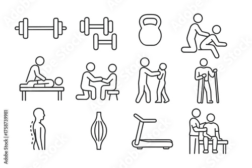 Physiotherapy and Rehabilitation — Linear Medical and Fitness Icons