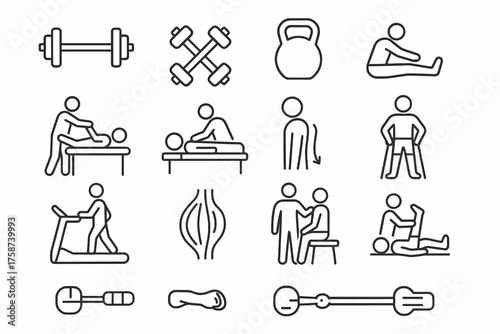 Physiotherapy and Fitness Training — Rehabilitation and Exercise Linear Icons