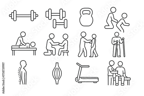 Physiotherapy and Rehabilitation — Medical and Exercise Linear Icons Set