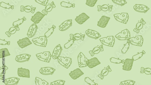 Vibrant, colorful display of candy, cheese, and bread on a green background. Ideal for food blogs, posters, and advertisements.