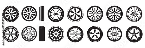 Various Car Wheels and Tires Collection Black and White Vector Illustrations Set