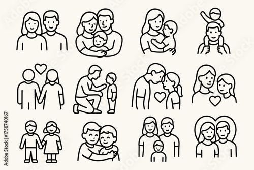 Family Relationships and Love — Parents and Children Line Art Icons Set