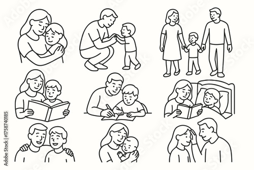 Loving Family Moments — Parents and Children Line Art Vector Set