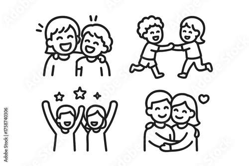 Happy Friendship and Childhood Icons Set — Kids Laughing, Hugging and Playing Together