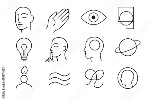 Mind and Awareness Line Icons Set — Minimal Human Head and Abstract Symbols