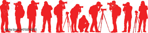 Photography silhouettes, red camera figures, tripod setup, professional photographer poses, hobby photography, photo shoot illustration, creative art, camera operator silhouettes