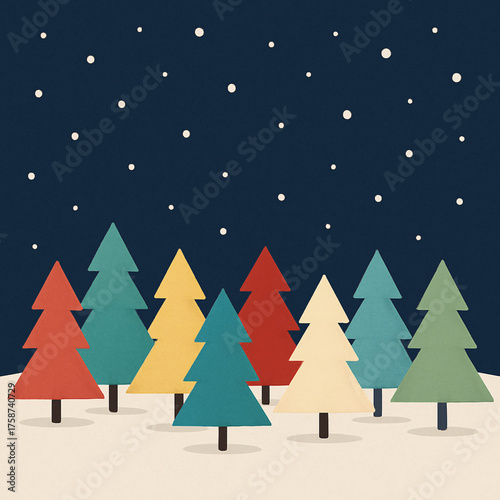 A minimalist illustration of colorful pine trees in shades of red, yellow, teal, and green standing on snowy ground beneath a starry night sky. Geometric composition and pastel tones 