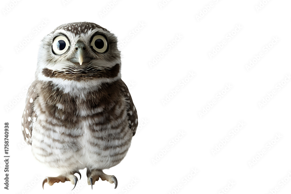 Naklejka premium Small Spotted Owl With Wide Innocent Eyes Looking Directly Forward Against A Transparent Background