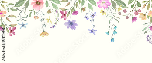 Seamless watercolor floral border with wildflowers and green leaves. Hand-painted botanical illustration, perfect for invitations, greeting cards, and wedding designs. Vector EPS.