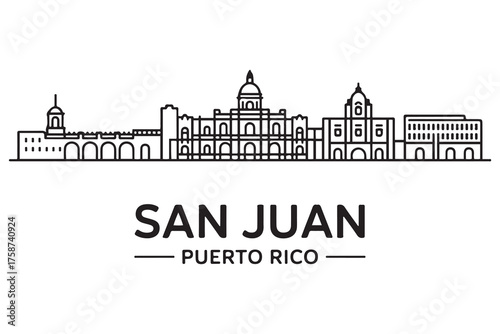 San Juan Line Art skyline horizontal banner. San Juan, Puerto Rico. Vector template for your design. with white background