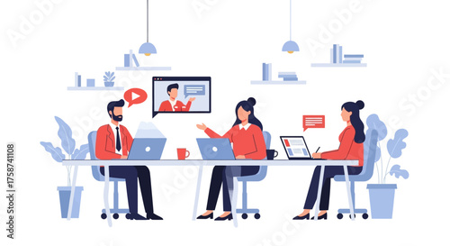 Team Members Collaborating During a Video Conference Meeting.