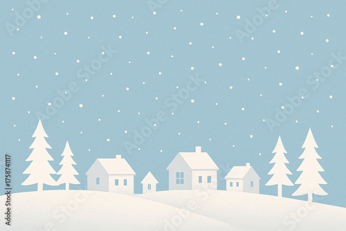 A minimalist winter scene depicting small snowy houses and pine trees on gentle hills beneath a light blue sky with falling snow.