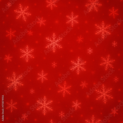 A festive red background featuring softly glowing snowflakes scattered across the surface. The warm tones and gentle lighting create a cheerful holiday atmosphere