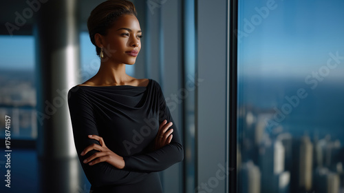 Elegant woman gazing out from high-rise window in city