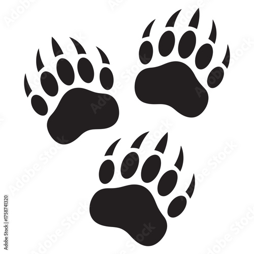 Set of three black bear paw prints isolated on white background
