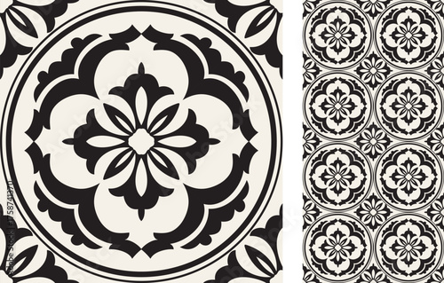 Seamless Azulejo tile. Portuguese and Spain decor. Ceramic tile in black and white. Vector hand drawn illustration, typical portuguese and spanish tile	