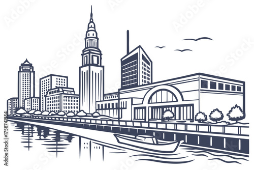 Cleveland lakefront skyline vector in simple modern tone
