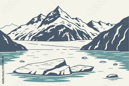 Flat design of Glacier Bay Alaska with icebergs and calm water reflection
