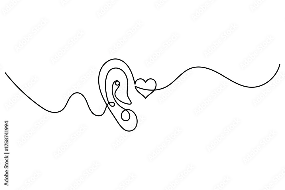 Obraz premium Human ear continuous one line drawing of outline vector illustration.