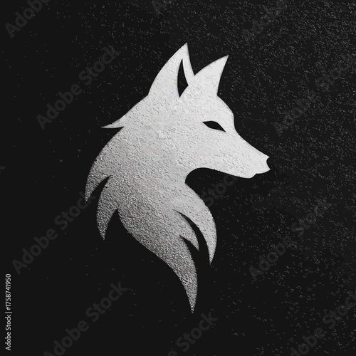 Elegant silver fox head silhouette against a dark textured background, minimalist animal design, sleek and modern graphic illustration concept