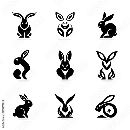 Collection of stylized black rabbit silhouettes and bunny icons. Modern vector graphic design set for logos and mascots.