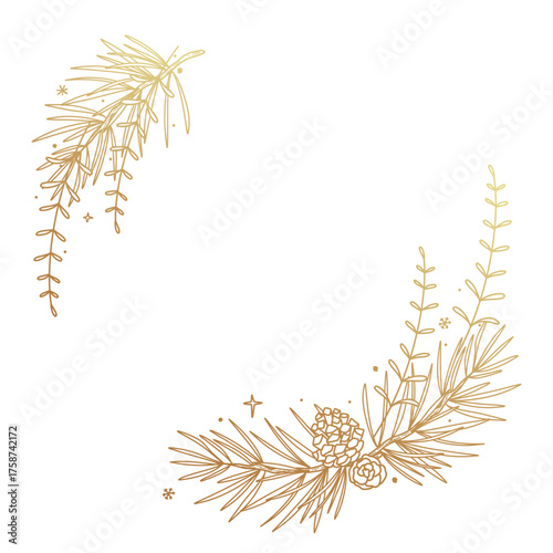 Christmas corner decoration. A  golden frame with fir branches, cones and snowflakes in line art style. Vector illustration for card, banner, invitation, advertising and packaging