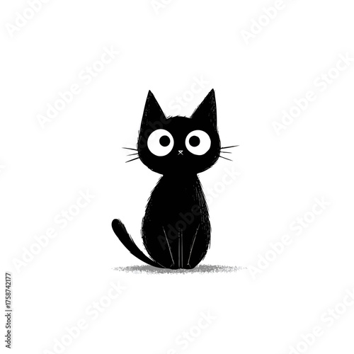 Cute minimalist black cat cartoon illustration with big white eyes, sitting and looking forward on a plain white background.