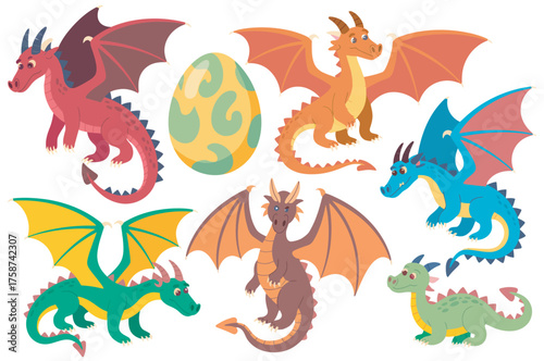 Colorful Cartoon Dragons Collection with Fantasy Creatures and Mythical Beasts Set