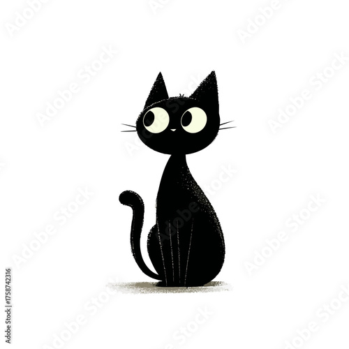 Cute black cat illustration with big yellow eyes, sitting calmly on a plain white background. Adorable stylized kitten graphic.
