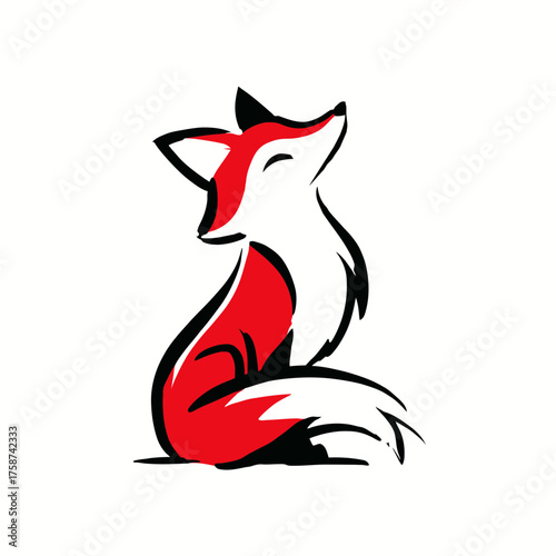 Minimalist red and white fox illustration. Stylized graphic design of a sitting wild animal. Creative abstract vector art.