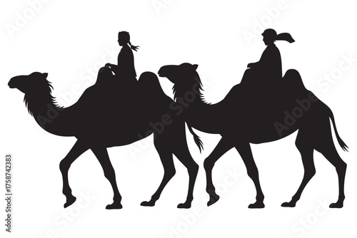 A black and white silhouette illustration of two people riding camels