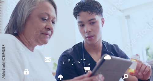 Nurse tapping tablet opening health app guiding patient on medication schedule with floating icons
