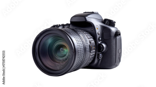 Professional DSLR Camera with Zoom Lens Isolated on White Background