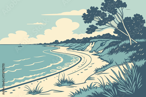 Lake Michigan beach vector in clean minimal coastal tone
