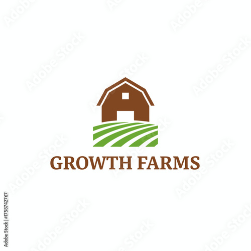 A barn illustration atop fields of green with the words "Growth Farms" below