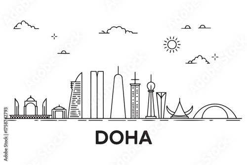 Doha Line Art skyline. Travel Doha, Qatar famous landmarks. Business and tourism concept for presentation, banner, web site with white background