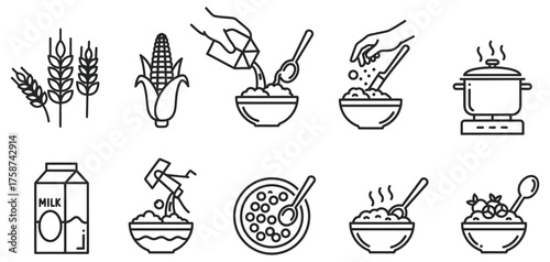 Cereal making and cooking process icons