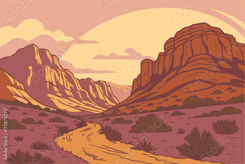Minimal illustration of Red Rock Canyon Nevada in sunset hues
