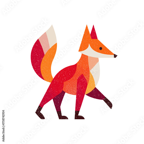 Stylized geometric fox illustration walking with textured fur in vibrant red and orange colors, modern abstract wildlife animal design