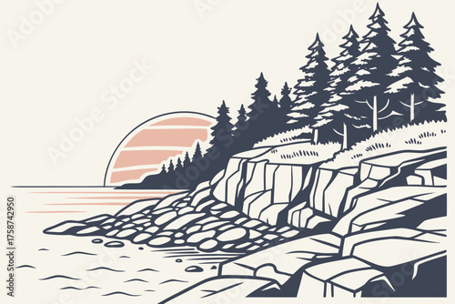 Minimalist design of Acadia National Park coastline in Maine, rocky shore with sunrise gradient
