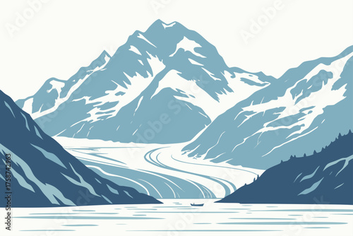 Minimalist Kenai Fjords National Park glacier landscape in pastel blue tone
