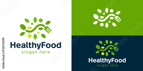 Creative simple healthy food logo template. Spoon fork with leaves for Organic food logo design vector illustration.