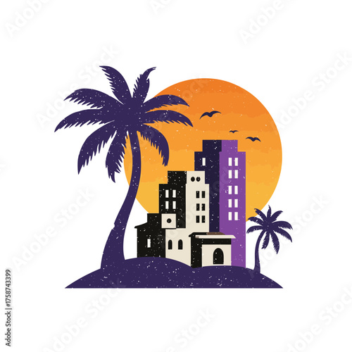 Retro tropical city skyline at sunset illustration with palm trees, urban buildings, and flying birds on a vibrant gradient sky background.