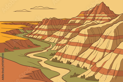 Modern vector of Badlands National Park canyon in layered earthy tones
